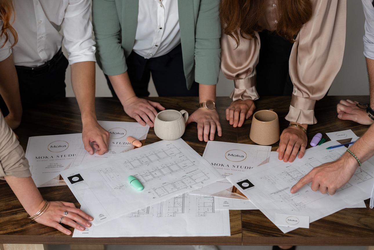 The Studio Moka team working together on millwork shop drawings